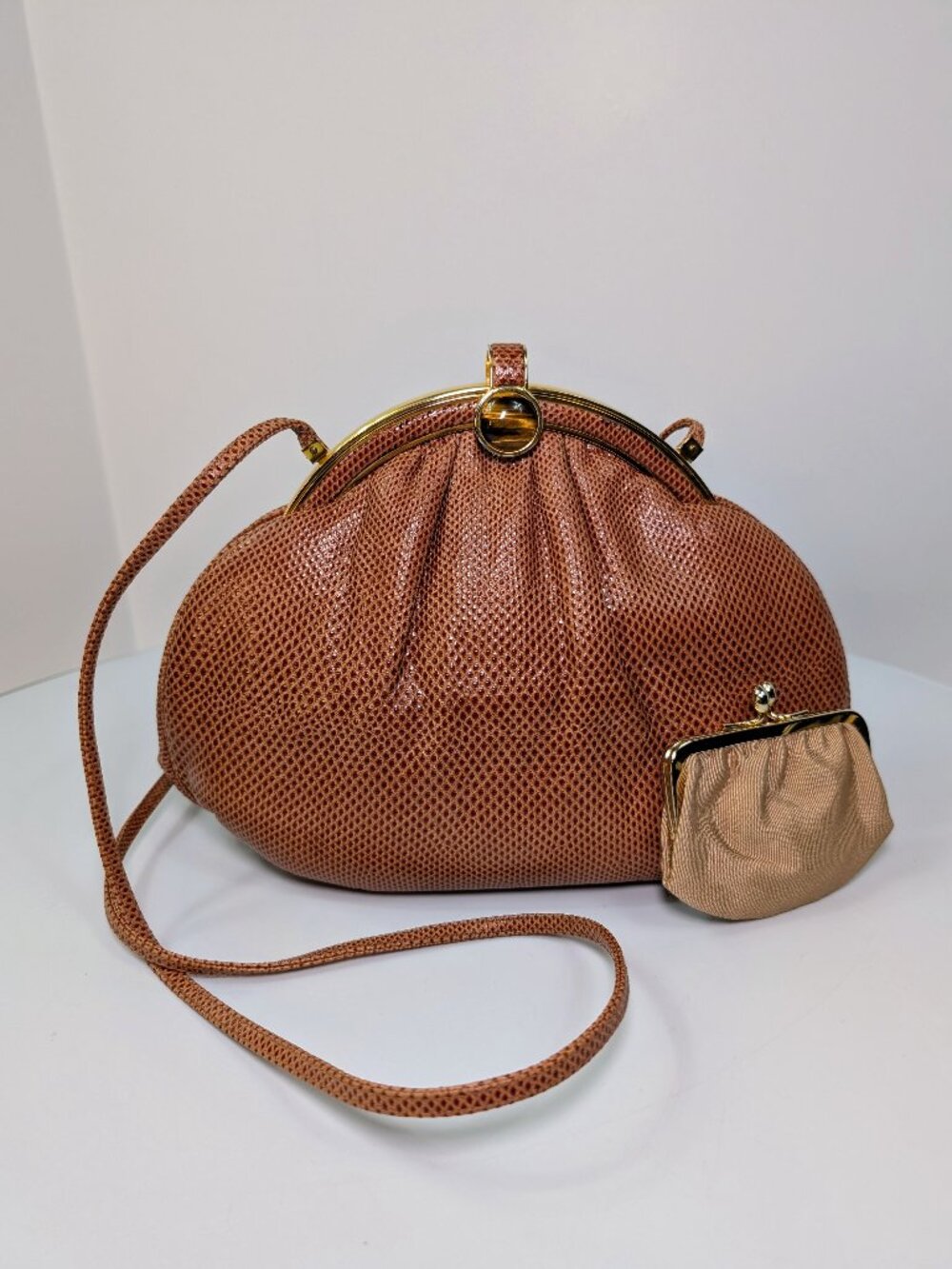 Judith Leiber Brown Teju Lizard Skin Kiss-Lock Shoulder Bag with Tiger's Eye